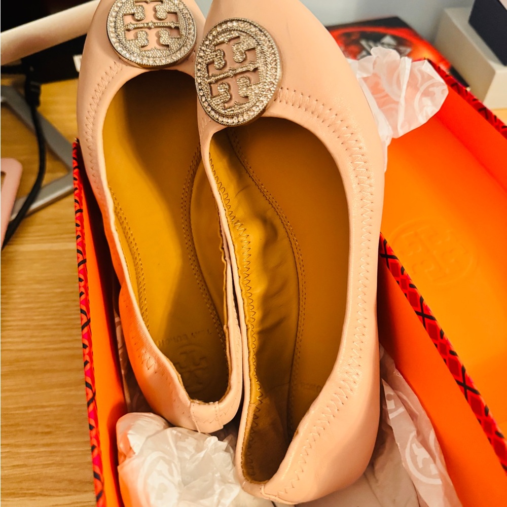 Tory Burch Soft Pink Loafers with Gold Emblem
